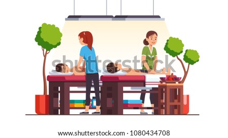 Two oriental spa salon massage therapist women massaging men lying down relaxing on table. Luxury cabinet with towels, shelves, plants. Massage room decoration, furniture. Flat vector illustration