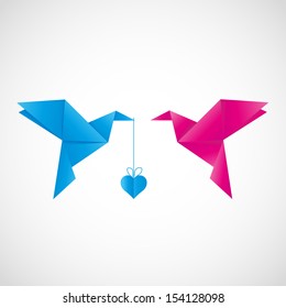 Two origami birds with heart 