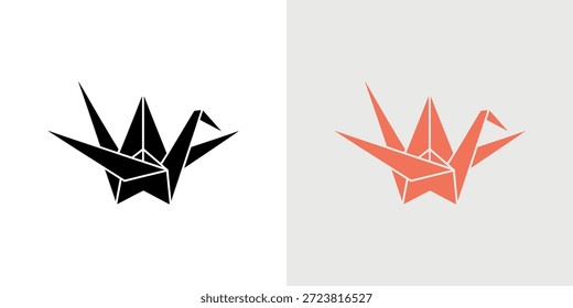 Duas ilustrações de guindaste de origami, uma preta e uma laranja avermelhada, mostram uma delicada arte em papel.
