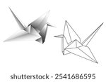 Two origami cranes isolated on white background. Black outline. Hand-drawn coloring book for adults and children. Design of t-shirts, postcards, flyers, brochures. Vector illustration.