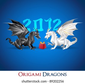 two origami dragons and a present, 2012 year in the background