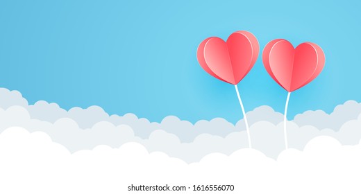 Two origami pink paper balloon heart shape flying on the sky over the cloud. Valentine's day holiday card. Vector illustration