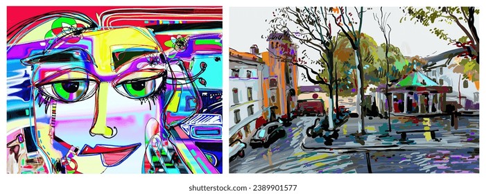 Two original digital paintings. Contemporary visual art. Interior decor artwork, vector illustration.