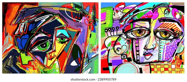 Two original digital paintings. Contemporary visual art. Interior decor artwork, vector illustration.