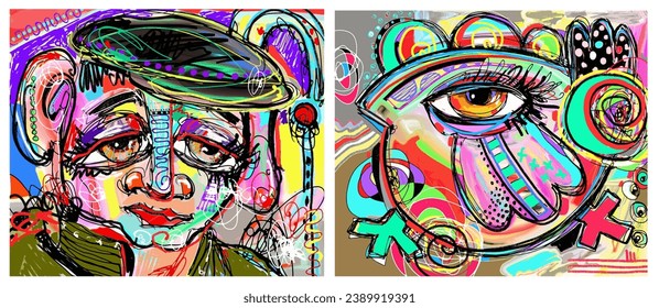 Two original digital paintings. Contemporary visual art. Interior decor, vector illustration.