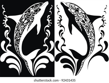 Two ornamental dolphins with decorative flourish elements on white and black background. Vector illustration.