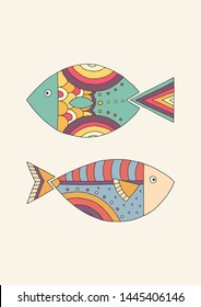 Two ornamental fish in the style of doodle. Vector
