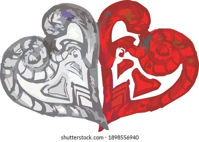 Dos corazones ornamentales de colores rojos y grises. El corazón flamenco como símbolo del amor en dos versiones para feriados y eventos, textiles, postales, emblemas, pegatinas, tatuajes, huellas, etc.