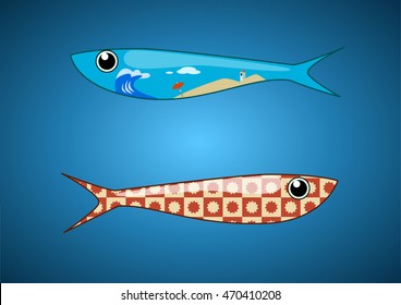 Two ornamental sardines with pattern and beach fill. ideal for t-shirt. Vector illustration