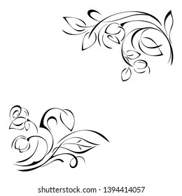 two ornaments of stylized twigs with rose flower buds, leaves and vignettes with black lines on a white background