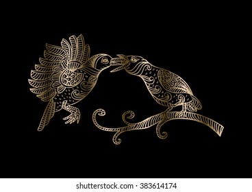  Two ornate birds. Hand drawing illustration.