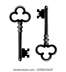 Two ornate, black keys; one with a clover-shaped head, the other with a rounded bit
