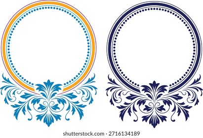 Dos marcos circulares adornados con flores en círculo azul y multicolor.