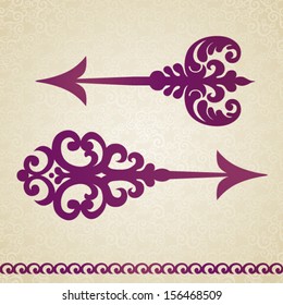 Two ornate decorated vector arrows in Victorian style on seamless curls background. Element for design. It can be used for decorating of invitations, cards, decoration for bags and at tattoo creation.