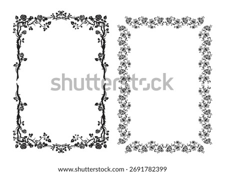 Two ornate, decorative black and white floral borders with intricate vine and leaf patterns, perfect for vintage or elegant designs.