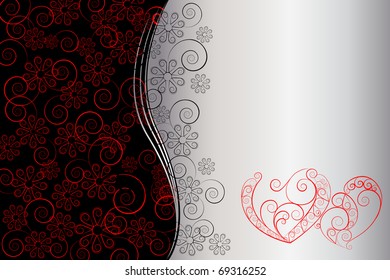 Two ornate delicate hearts on a flower background.