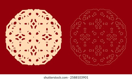 Two ornate designs of lace doilies. Circular shapes. Geometric patterns. Intricate details. Symmetrical motifs. Beige on red. Red on beige. Contrasting colors. Decorative art. Vintage style.