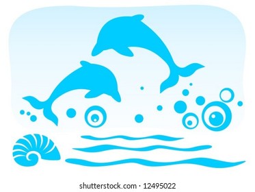 Two ornate dolphins on a blue sky background.