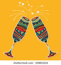 Two ornate glasses celebration card. Ethnic ornament on each glass for champagne, yellow background and fireworks. Bright food elements for any concept. Poster or card template. Vector file is EPS8.