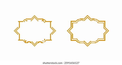 Two ornate golden pixel patterns showcase symmetrical geometric designs with intricate borders.