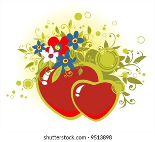 Two ornate hearts and flowers on a white background. Valentine's illustration.