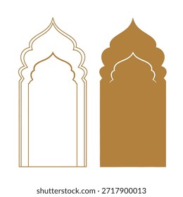 Dos diseños de arco islámico adornados, uno delineado y otro lleno de color dorado, sobre un fondo blanco.