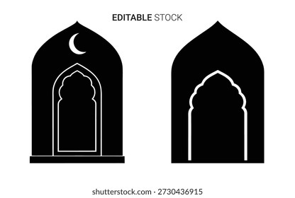 Se presentan dos arcos islámicos ornamentados, con una luna creciente y un llamativo estilo de silueta negra.