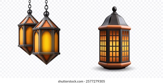 Two ornate lanterns, one hanging and one standing, showcase warm amber light. The design features intricate patterns and a classic black and copper finish.