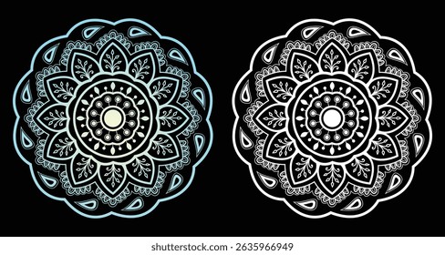 Two ornate mandala designs, one in blue gradient and one in white, on a black background. Intricate floral patterns.