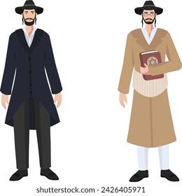 Two Orthodox Jewish men, adorned in traditional attire, stand solemnly, one holding the sacred Torah. Vector illustration. 