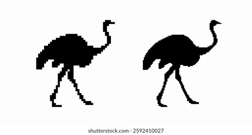 Two ostriches in silhouette display long necks and legs, walking gracefully side by side.