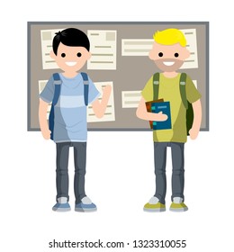 Two other student talking in school hallway near the billboards. Education in high school and College. A man with a backpack and books. Break between lessons. Cartoon flat illustration