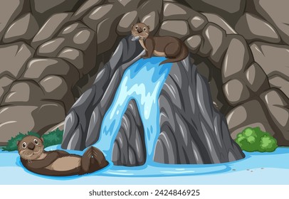 Two otters enjoying a playful day near a waterfall