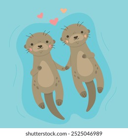 Dos nutrias sosteniendo la Ilustración vectorial de las patas. Pareja de nutria linda, amantes flotando en el agua, personajes animales, aislados sobre fondo azul.