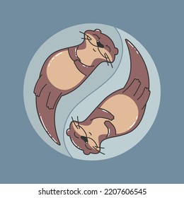 Two otters in love swimming in the shape of a yin yang sign