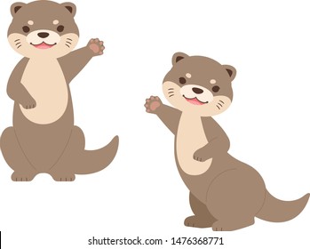 Two otters raising one hand full body illustration set