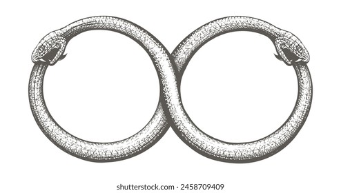 Two Ouroboros Snakes Intertwined in a Horizontal Figure Eight symbol of Infinity Engraving Tattoo isolated on white. Vector illustration. No Ai software was used.