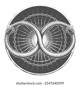 Two Ouroboros Snakes Intertwined in Infinity Symbol Engraving Esoteric Tattoo. Vector illustration
