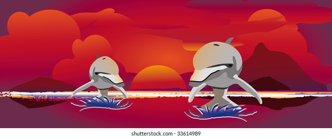 two out of the water jumping dolphins with a colorful sunset