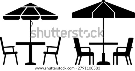 Two outdoor café tables with umbrellas and chairs set for dining
