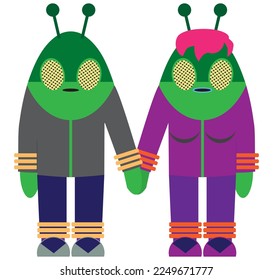 Two outer space aliens are holding hands and looking toward the viewer