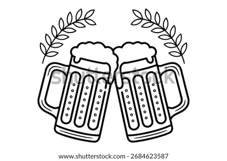 Two outline beer mugs clinking with laurel branches. Beer mugs toasting silhouette vector design.
