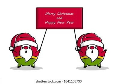 Two outline cartoon Santas Claus stay with flag for Merry Christmas greetings. Simple vector text for Christmas holiday. Trendy line art Santa with announcements tag.