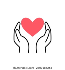 Two outline hands hold heart. Linear illustration of sharing love, charity and donation
