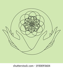 two outline hands holding mandala flower