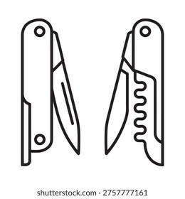 Two outline illustrations of a corkscrew and pocketknife combination tool