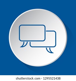 two outline speech bubbles, simple blue icon on white button with shadow in front of blue square background
