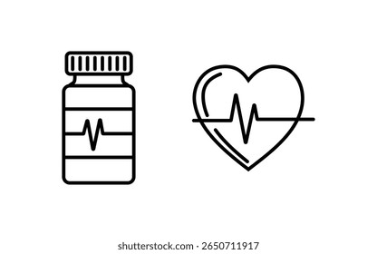 Two outline vector icons: a pill bottle with a heartbeat line, and a heart with a heartbeat line. Ideal for medical, health, or wellness-related designs.