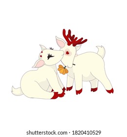 Two outlined deer are in love, an orange flower on white isolated background, vector stock illustration for prints, making stickers postcards and wrapping, emblems and icons for Valentine’s Day.