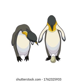 Two outlined Emperor penguins and an egg on white isolated background made as a vector illustration for prints on clothes and notebooks, for icons, emblems or using as elements of design for websites.